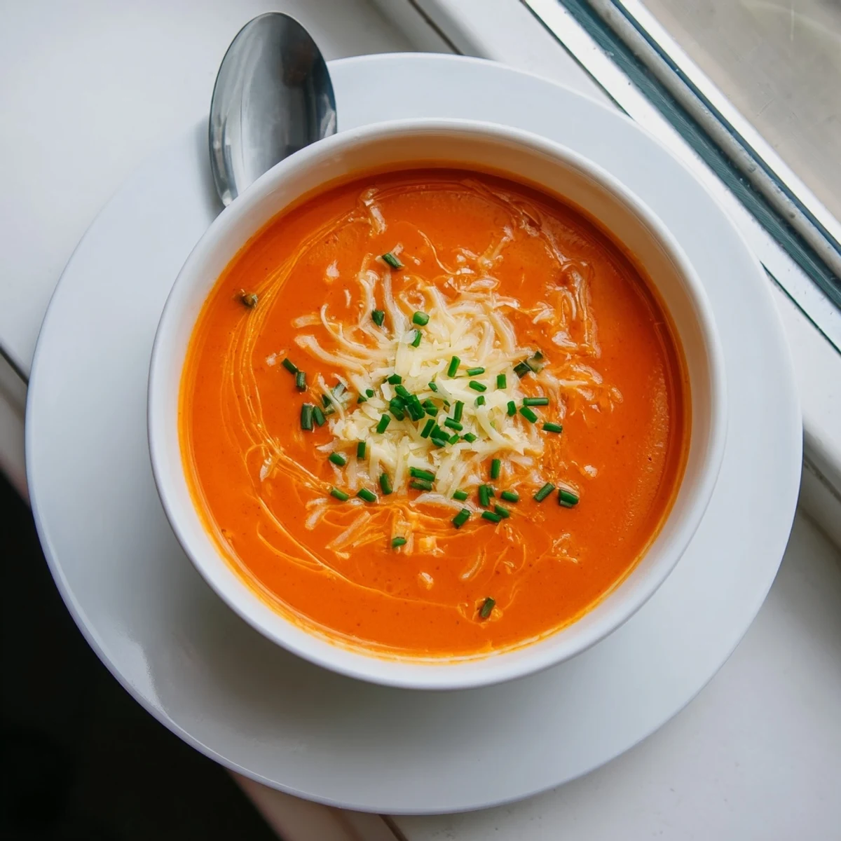 Steaming bowl of roasted red pepper Gouda soup with melted cheese and crusty bread