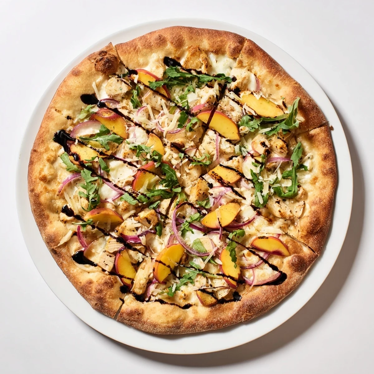 Golden chicken peach ricotta pizza topped with fresh arugula and drizzled balsamic glaze