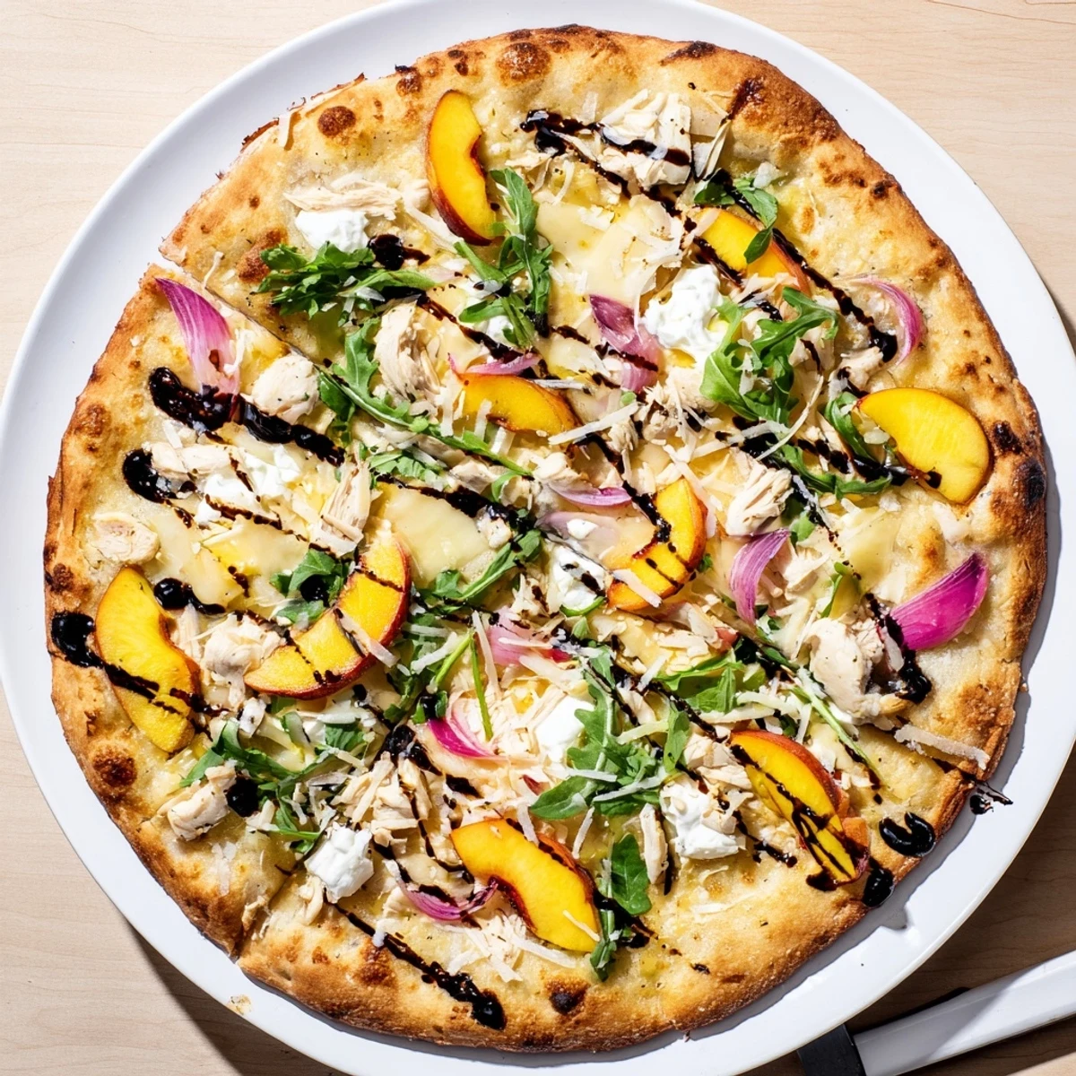 Summer pizza featuring sliced peaches, shredded chicken, ricotta, peppery arugula, and balsamic swirl