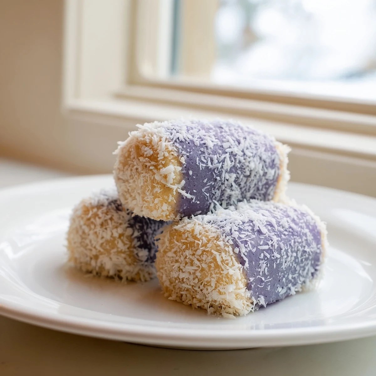 Golden Coconut Ube Besito cookies arranged on a white serving plate, showcasing their vibrant purple color and fluffy coconut coating