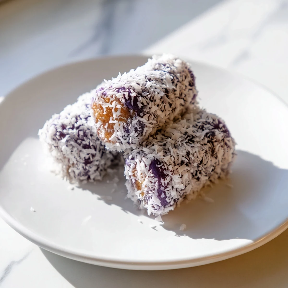 Purple Coconut Ube Besito cookies piled on a rustic wooden board, ready for afternoon tea with their tender bite-sized shape