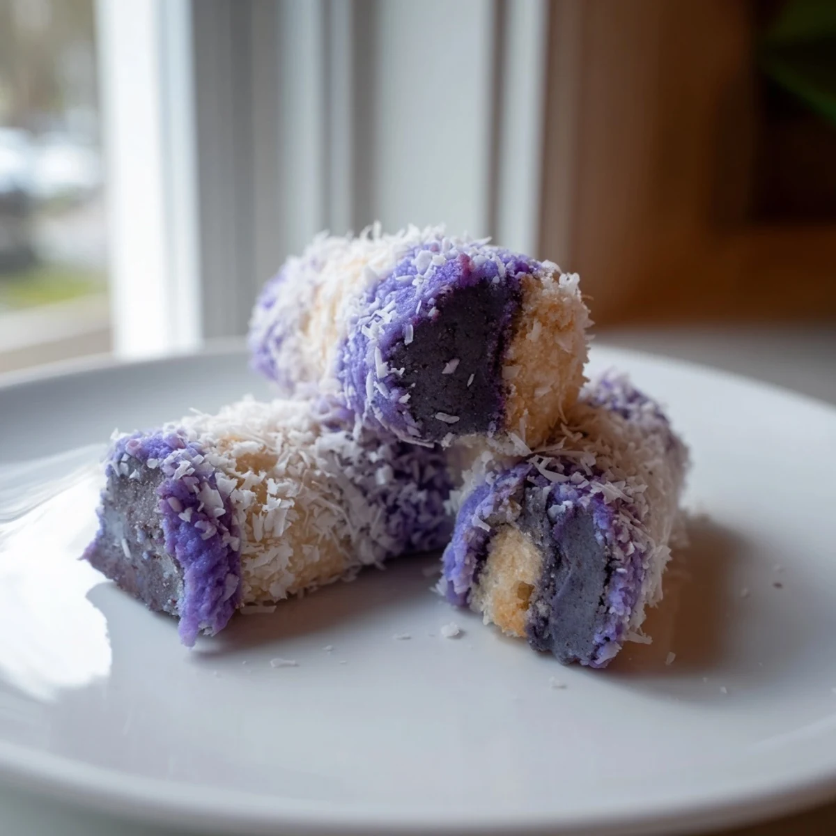 Coconut Ube Besito cookies with their shredded coconut topping displayed on a baking sheet, freshly baked with lightly golden bottoms