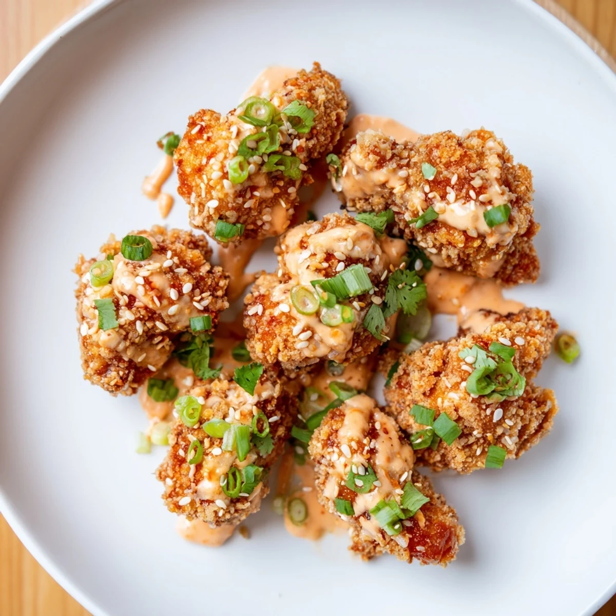 Golden crispy Spicy Bang Bang Chicken pieces coated in creamy red sauce with sesame seeds