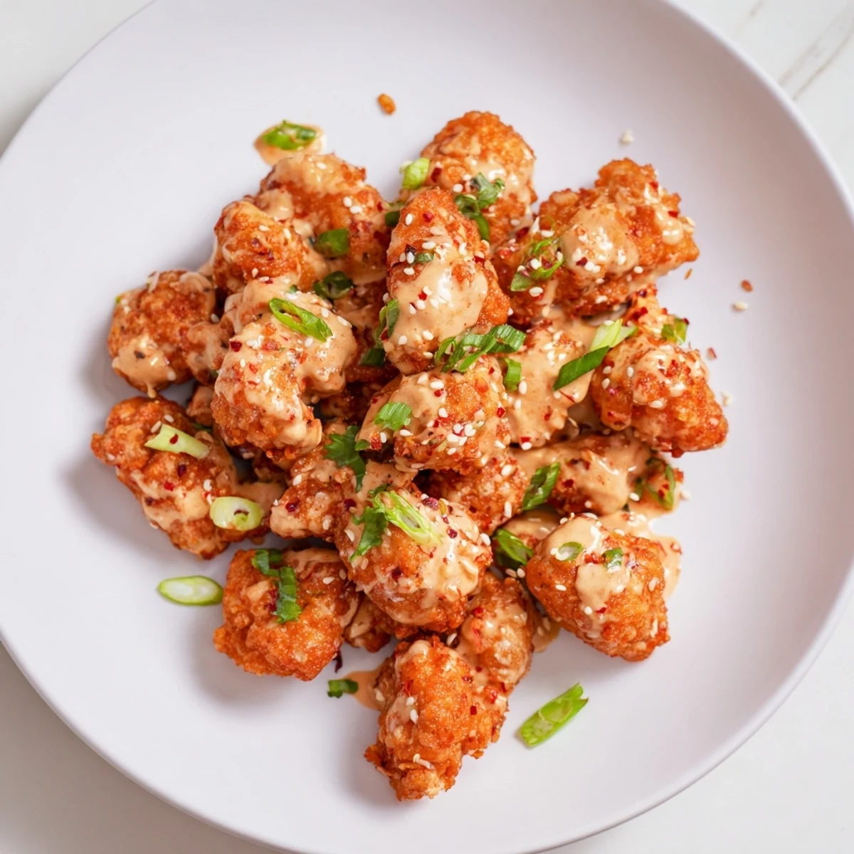 Plate of Spicy Bang Bang Chicken drizzled with spicy mayo and garnished with fresh green scallions