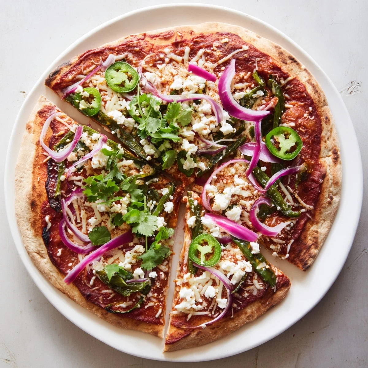 Mildly spicy Mexican-Italian fusion pizza featuring charred poblano strips and bubbling white cheese