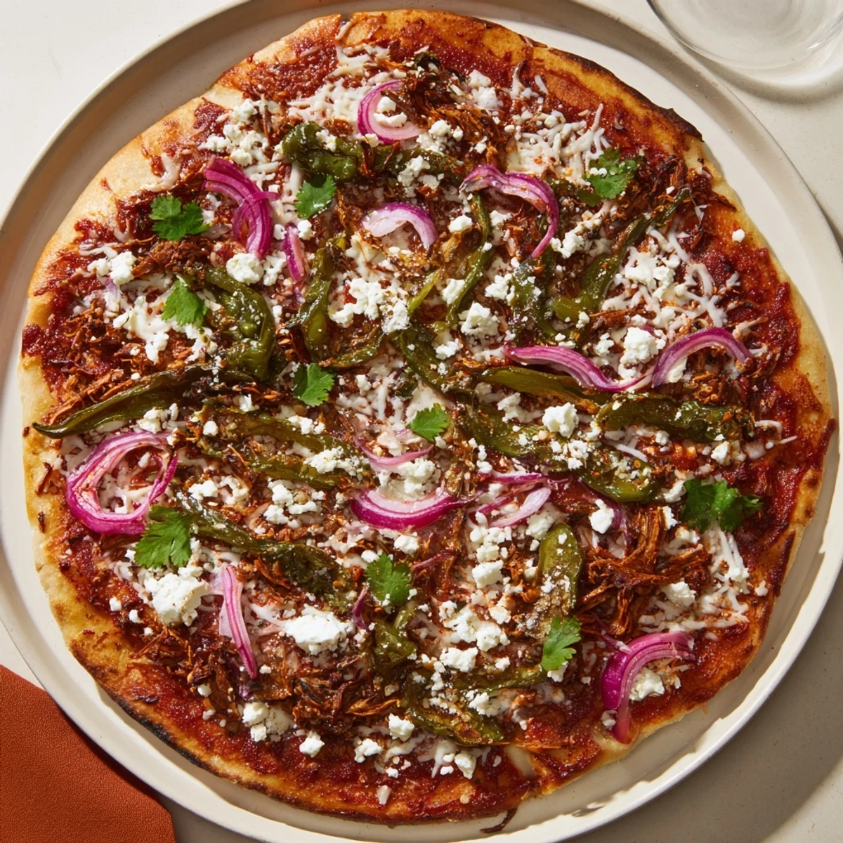 Golden-crusted Poblano pizza topped with roasted peppers, melted mozzarella, and fresh cilantro garnish