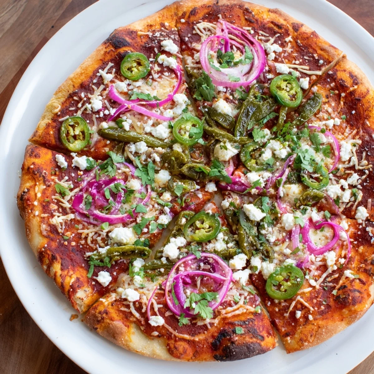Vegetarian pizza with roasted poblano peppers, red onion, and queso fresco on crispy crust