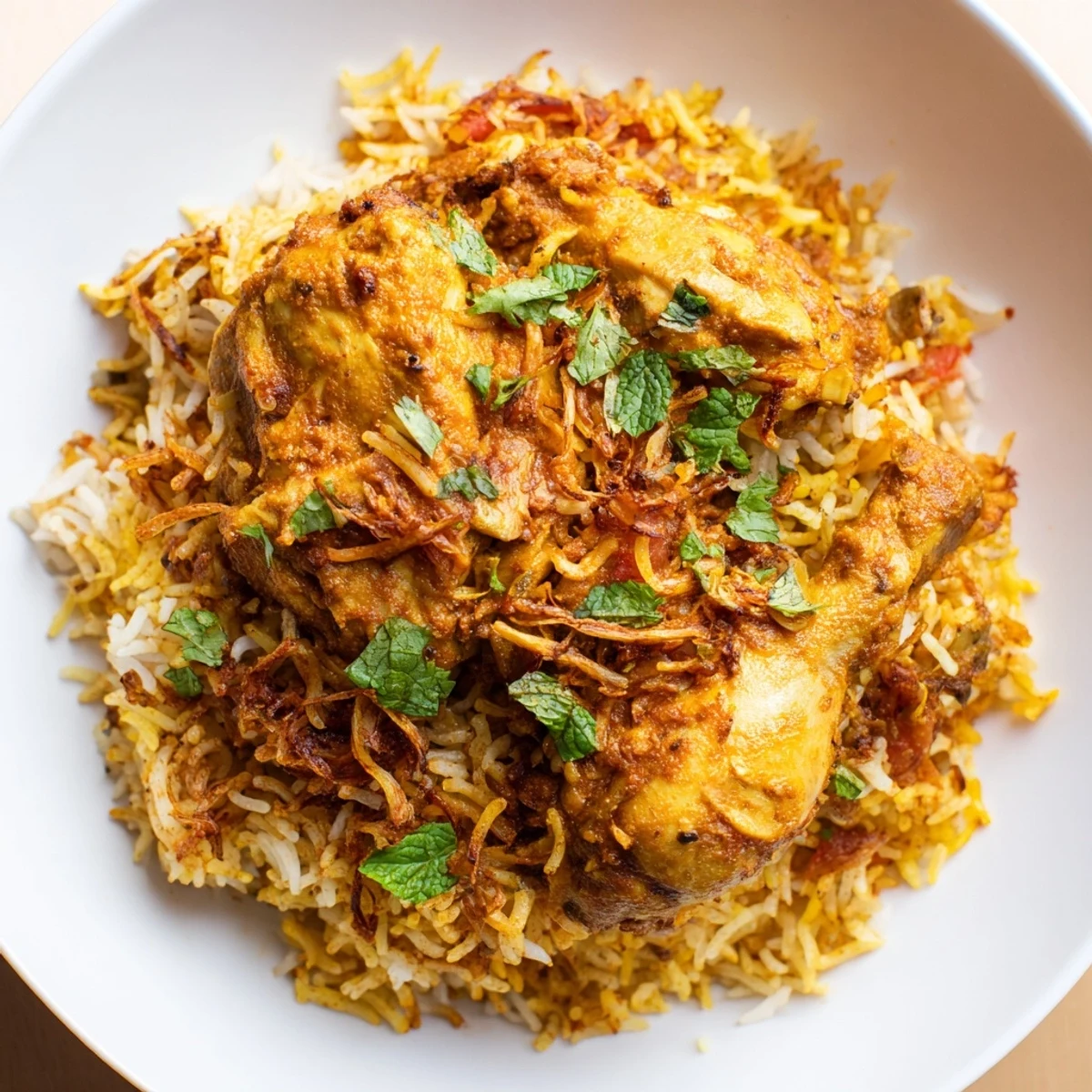 Steaming pot of fragrant butter chicken biryani topped with saffron rice and crispy fried onions