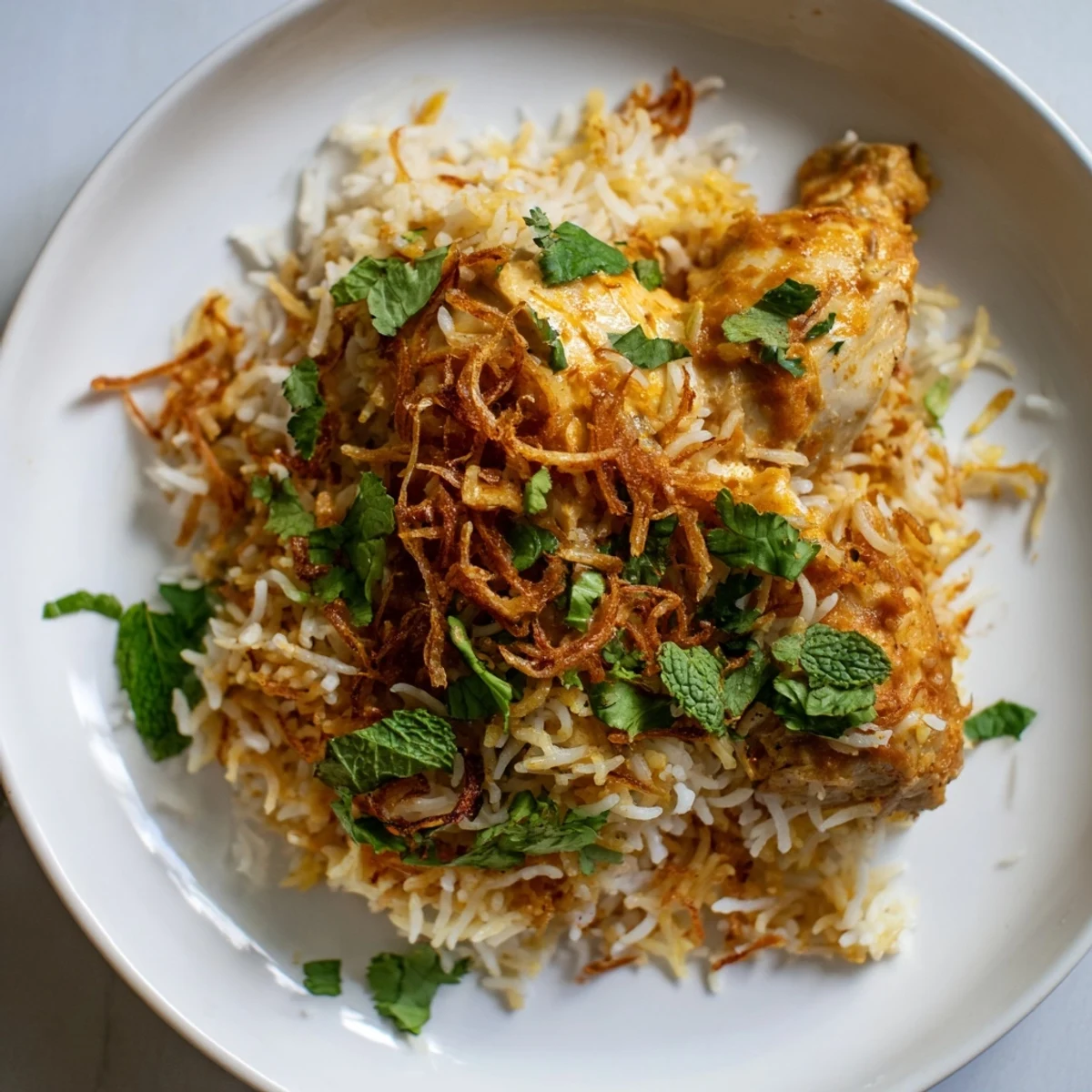 Golden aromatic butter chicken biryani layered with spiced basmati rice and fresh herbs
