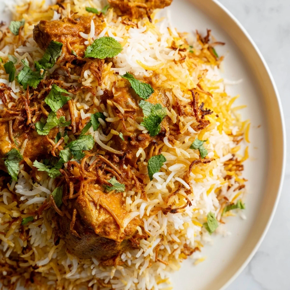 Creamy butter chicken biryani served in a bowl with garnishes of cilantro and mint
