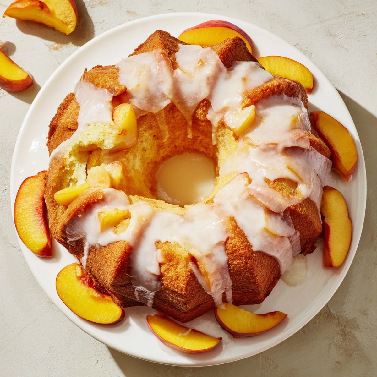 Golden peach cobbler pound cake drizzled with vanilla glaze on a serving platter