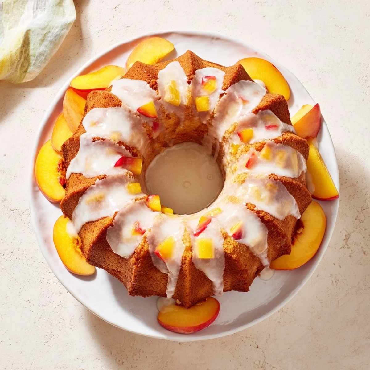 Sliced buttery peach cobbler pound cake revealing spiced peach layers inside