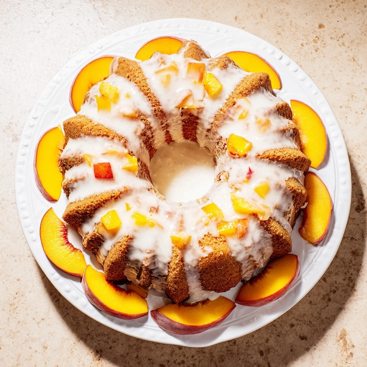Moist peach cobbler pound cake topped with sweet vanilla glaze and fresh peach slices