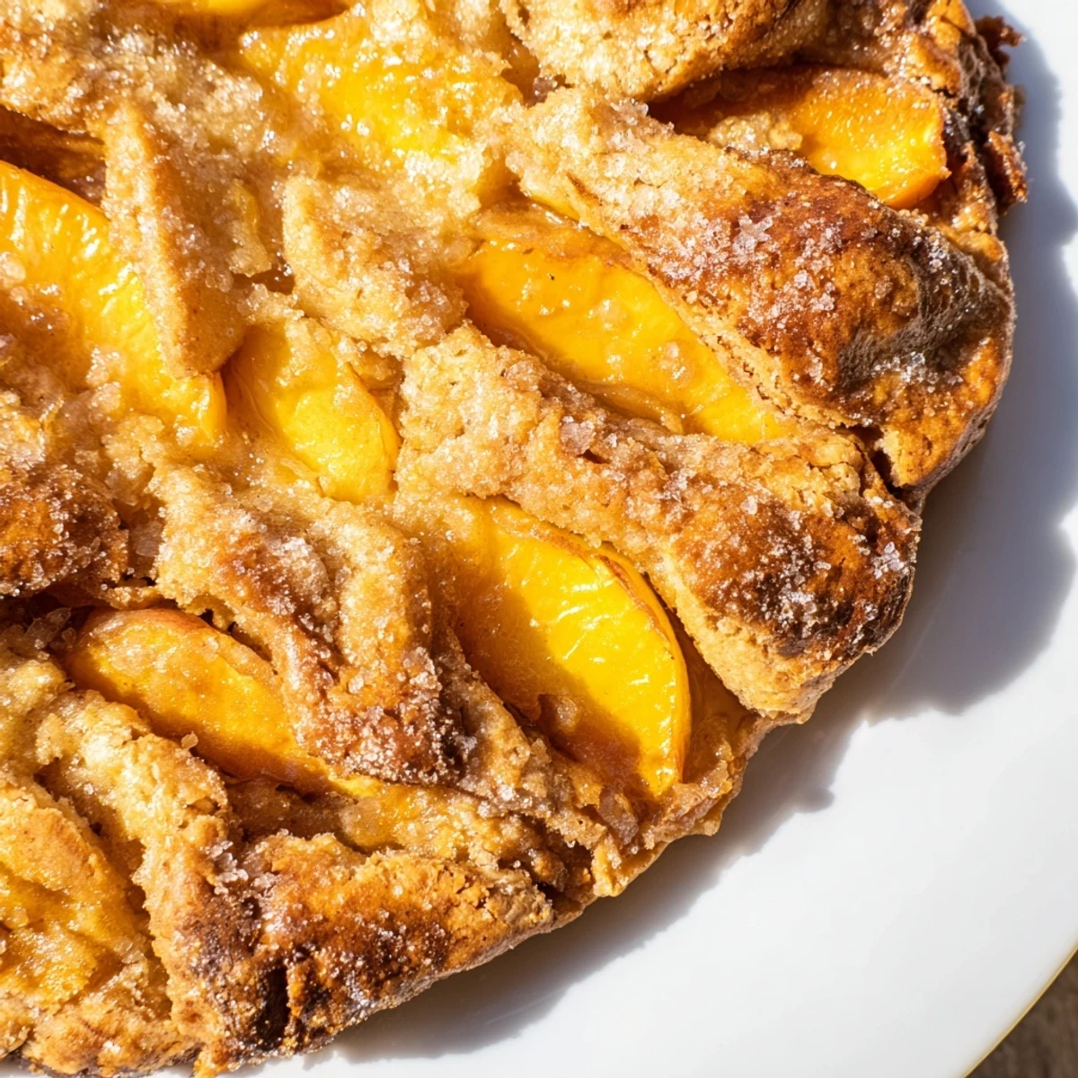 Golden brown classic peach cobbler with flaky crust bubbling with sweet cinnamon-spiced fruit