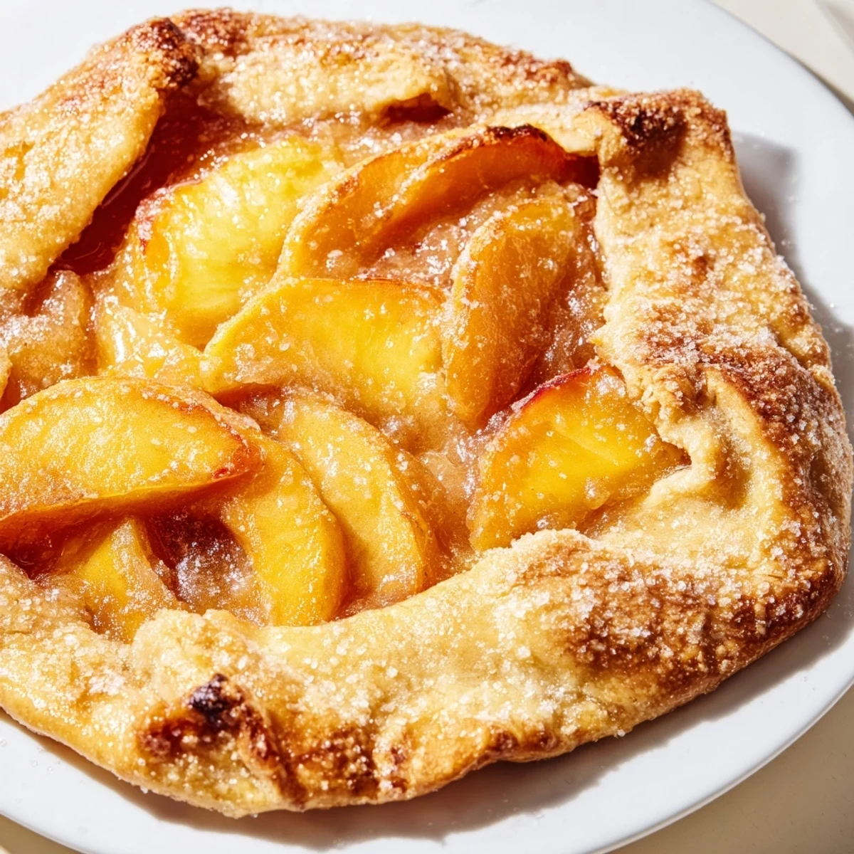 Warm homemade classic peach cobbler topped with buttery pastry crust and vanilla ice cream