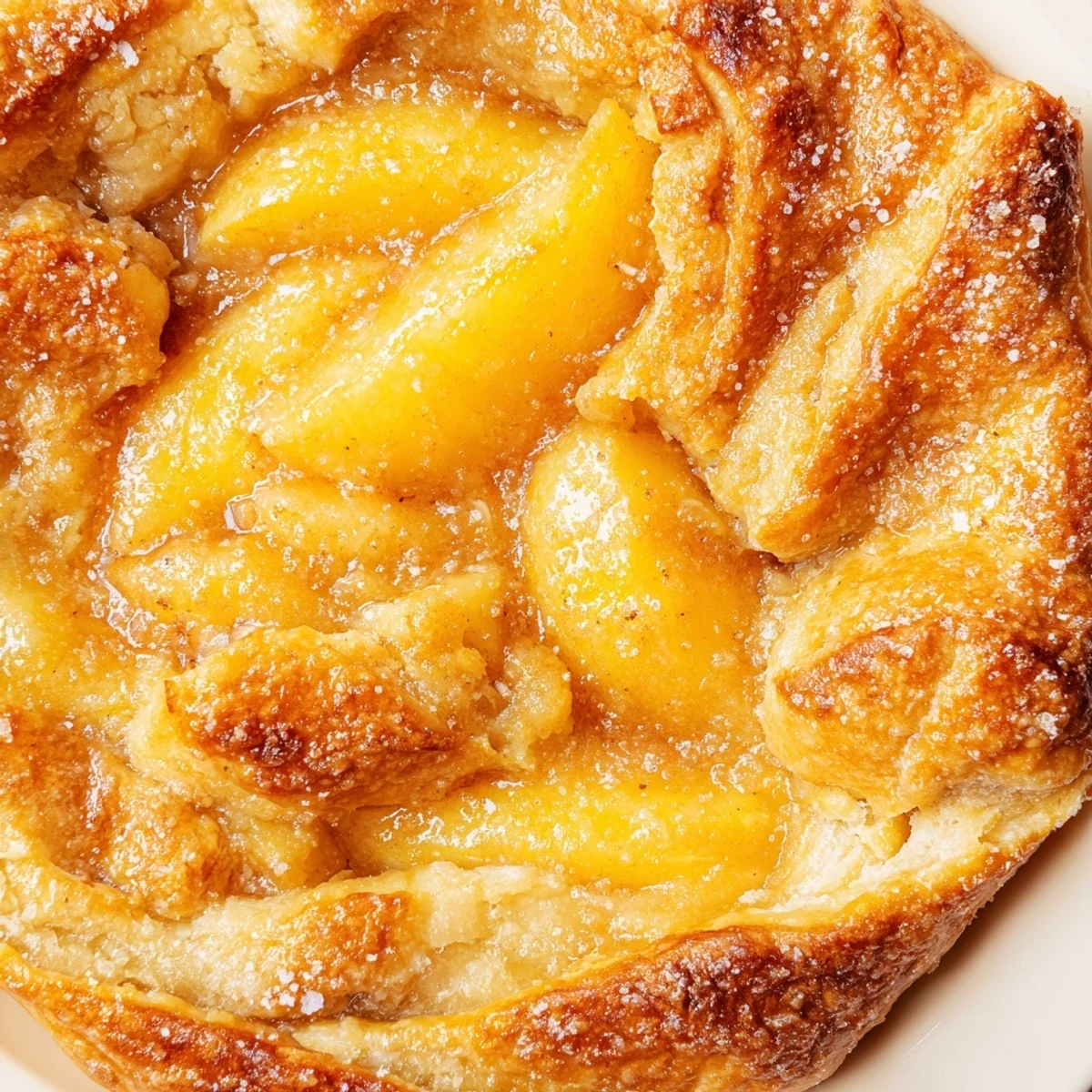 Baked classic peach cobbler displaying golden flaky pastry over juicy spiced peach filling