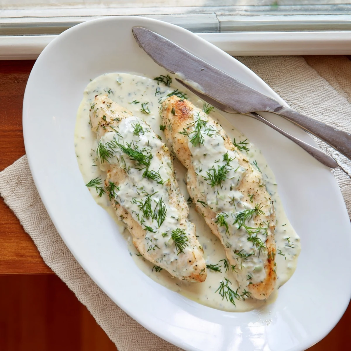 Golden pan-seared chicken breasts swimming in a rich creamy dill sauce with fresh herbs.