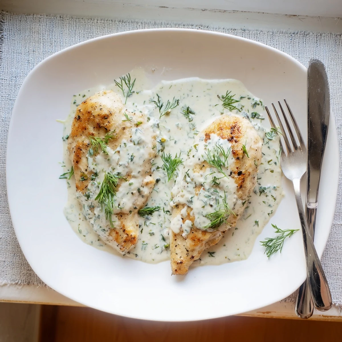 Tender chicken plated in velvety white sauce finished with bright green dill garnish.