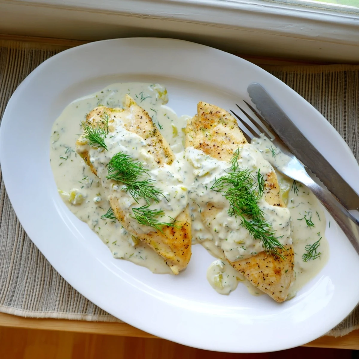 Savory creamy dill chicken served steaming hot with thick sauce coating tender meat.