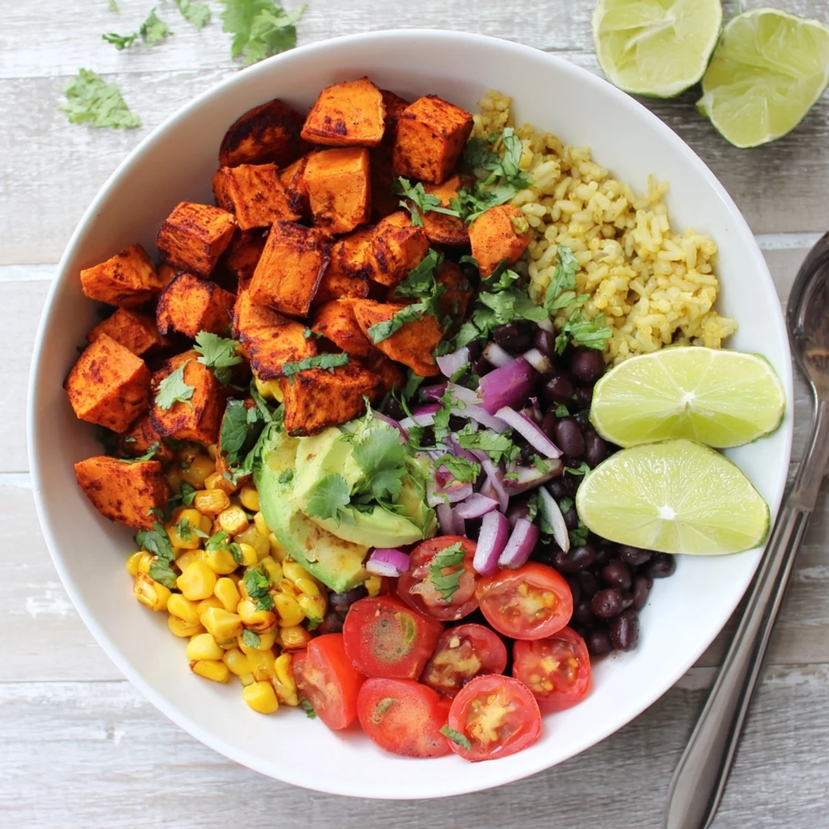 Colorful vegan sweet potato burrito bowl with roasted sweet potatoes, black beans, and avocado