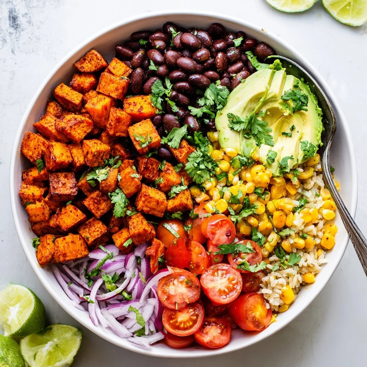 Vibrant Mexican-inspired vegan sweet potato burrito bowl garnished with cilantro and lime wedges