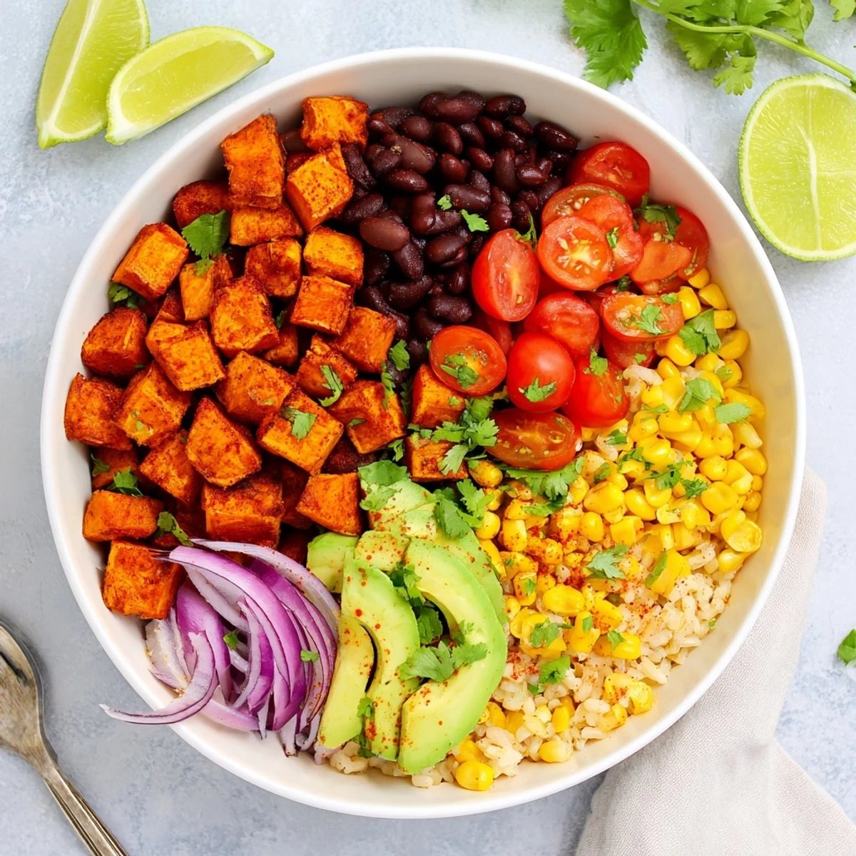Hearty vegan sweet potato burrito bowl topped with fresh tomatoes, corn, and zesty lime rice