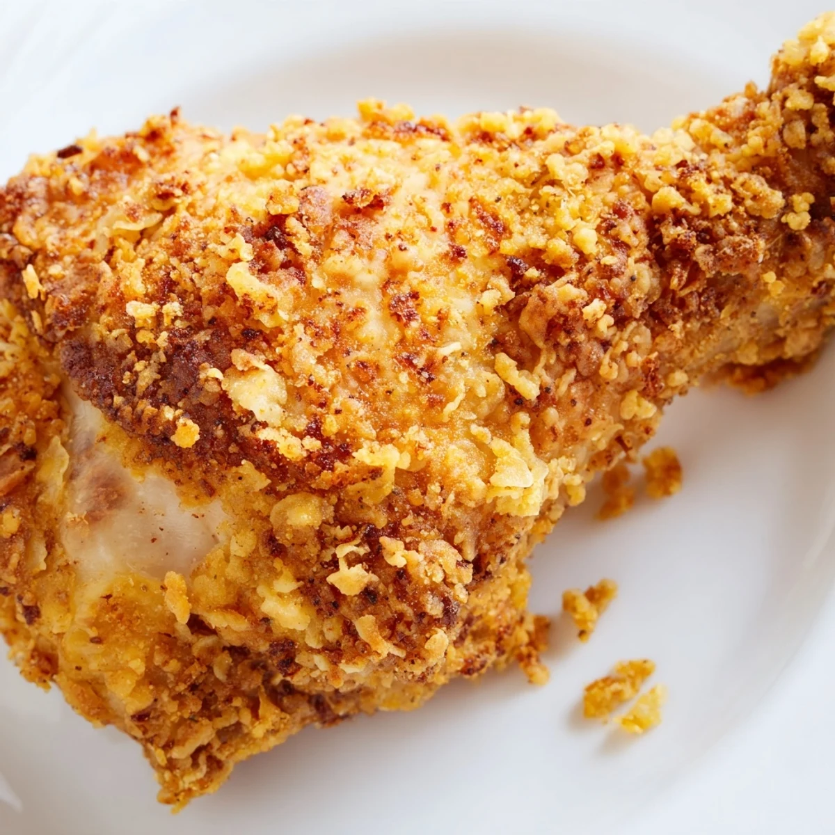 Juicy buttermilk marinated Southern fried chicken with crunchy seasoned coating served on a white plate