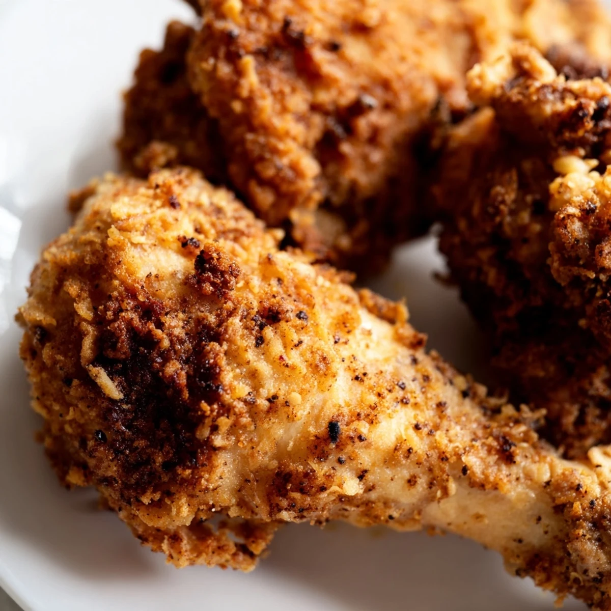 Homemade Southern fried chicken displaying crackling crispy skin and tender meat inside with herbs scattered around