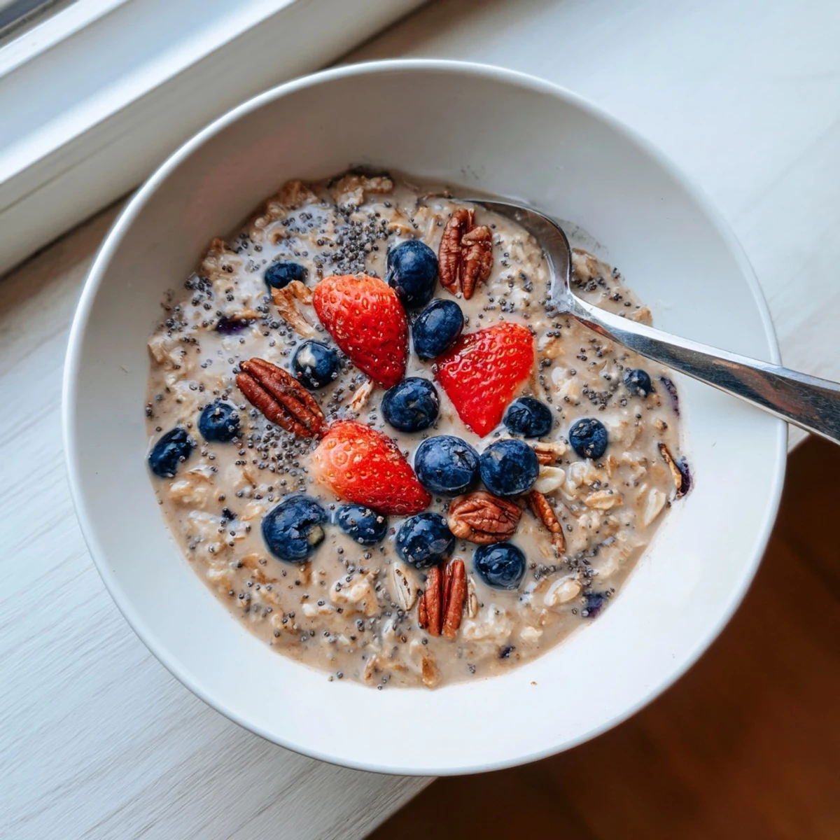 Creamy brown sugar overnight oats topped with fresh berries and chopped nuts in glass jars