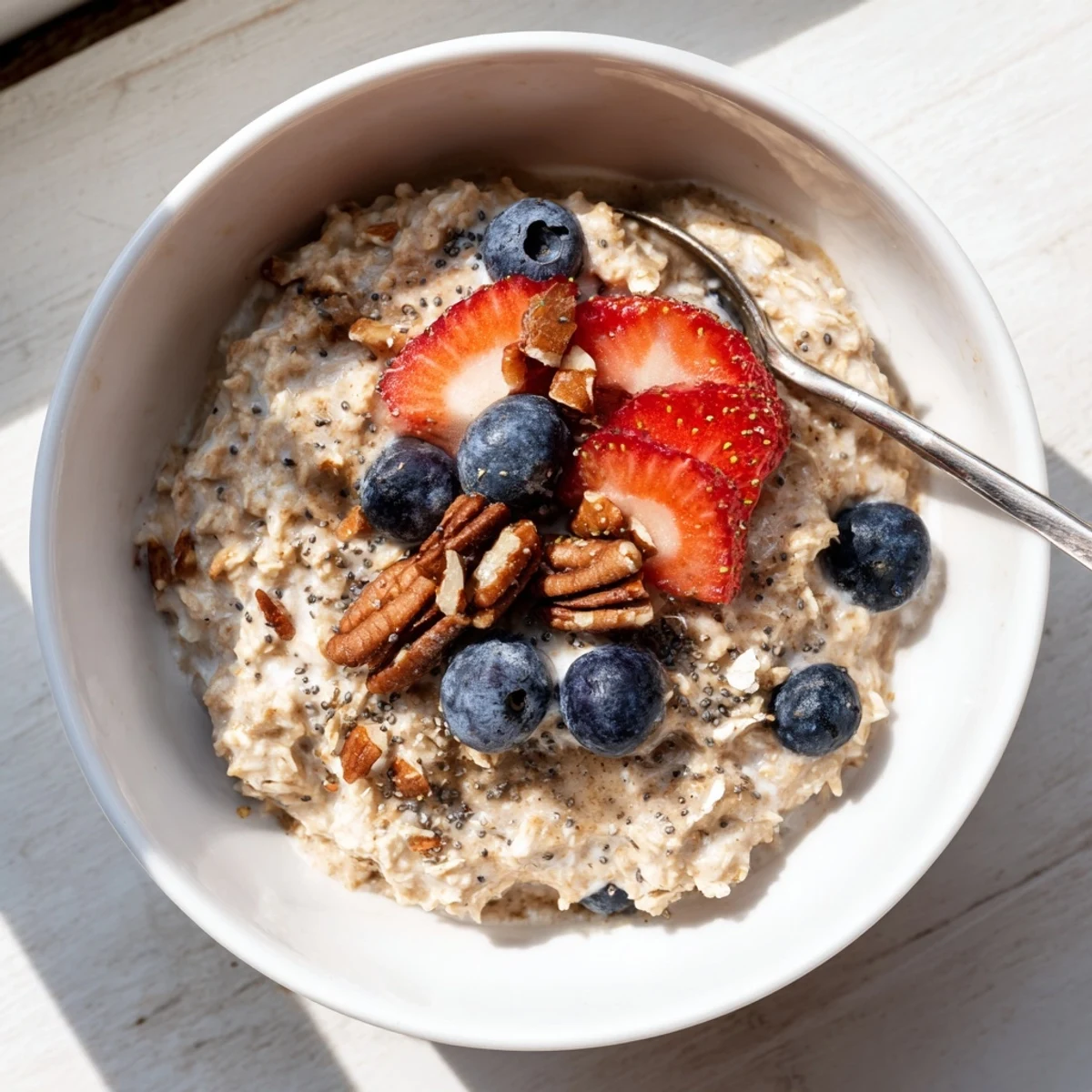 Wholesome brown sugar overnight oats bowl garnished with sliced banana, walnuts, and chia seeds