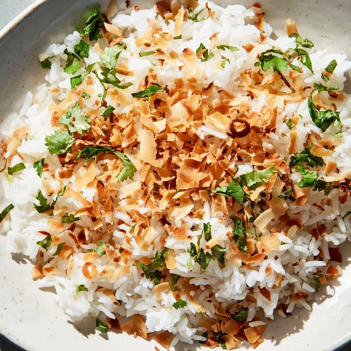 White bowl of fluffy coconut rice garnished with toasted coconut flakes and fresh cilantro