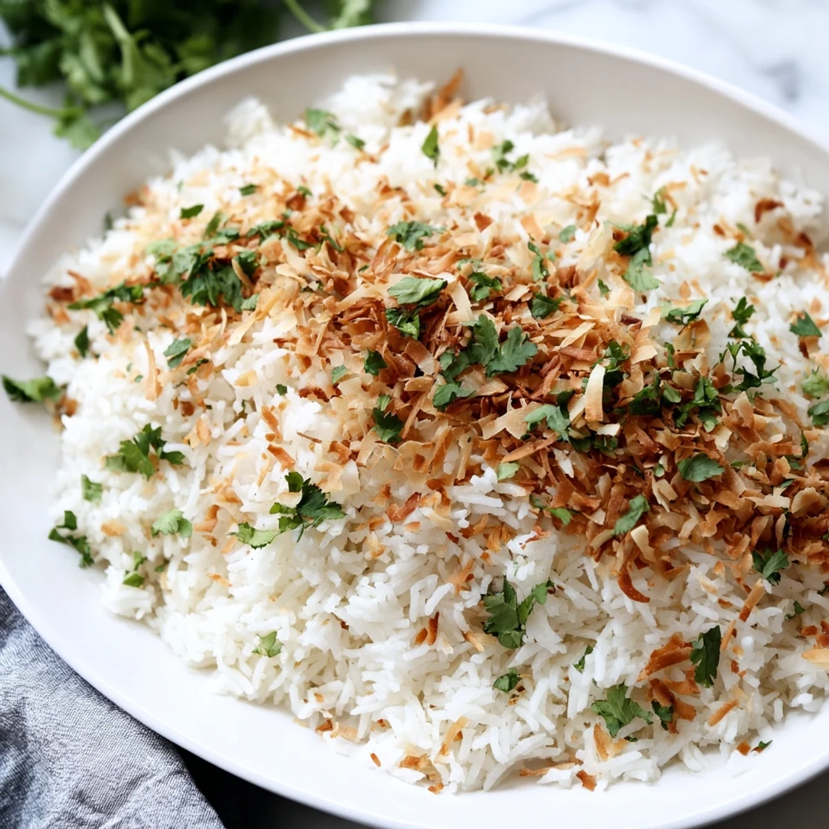 Creamy white coconut rice topped with golden toasted coconut shreds and green herbs
