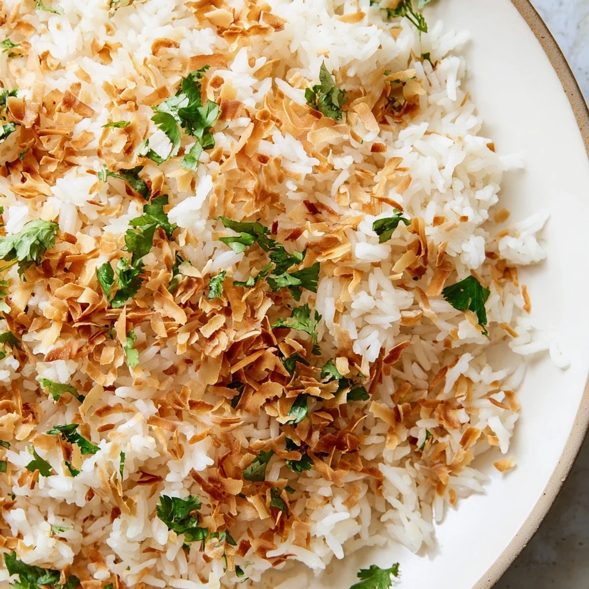Close-up of tender coconut rice grains steaming in a rustic white serving bowl