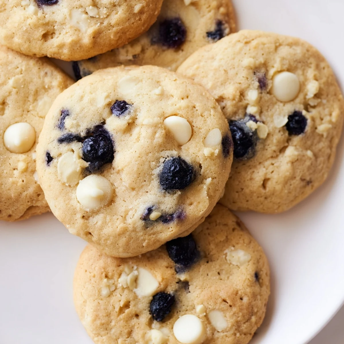 Golden chewy lemon blueberry cookies with bursts of juicy fruit on a white wire cooling rack.