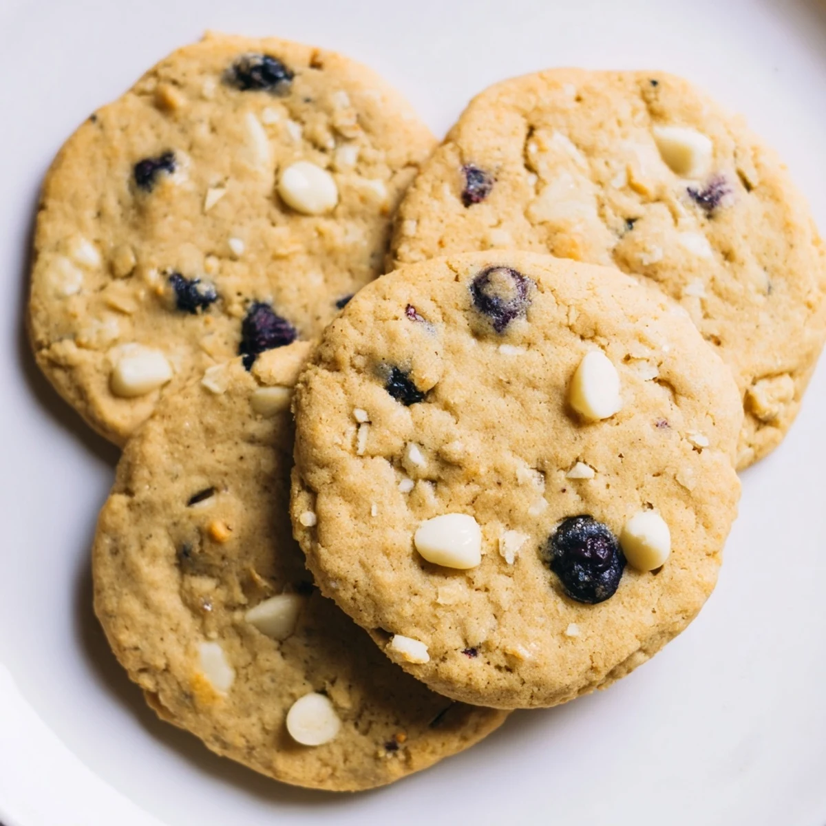 Soft baked lemon blueberry cookies stacked high with fresh blueberries and lemon slices nearby.