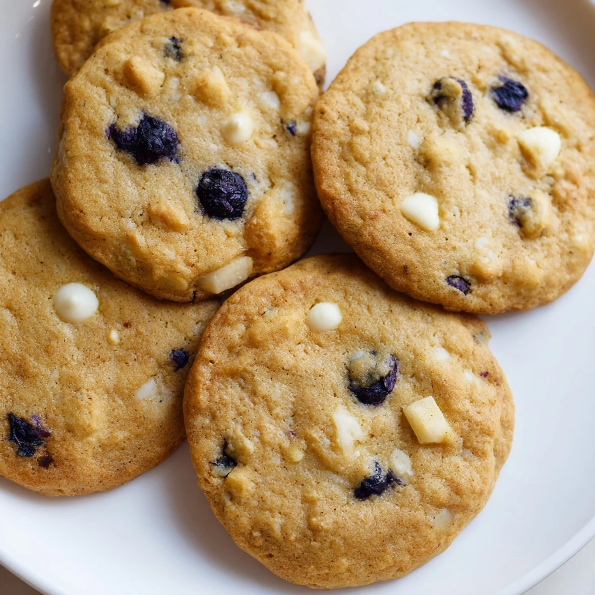 Close-up of chewy lemon blueberry cookies showing golden edges and plump blueberry bits throughout.