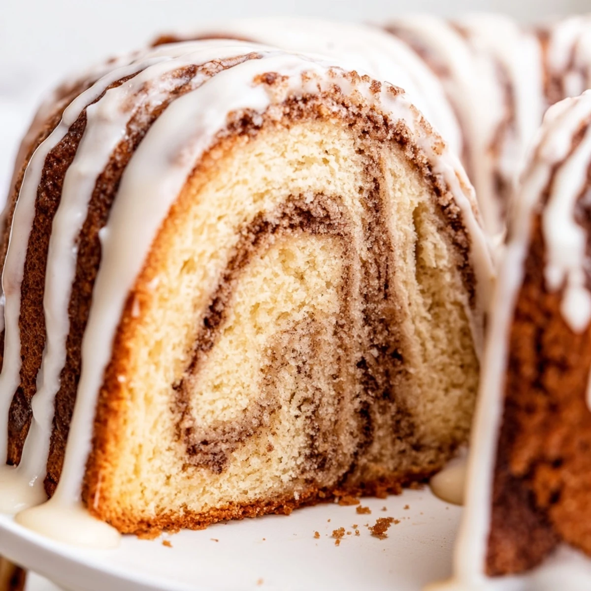 Warm swirled cinnamon roll cake sliced to reveal buttery brown sugar layers inside