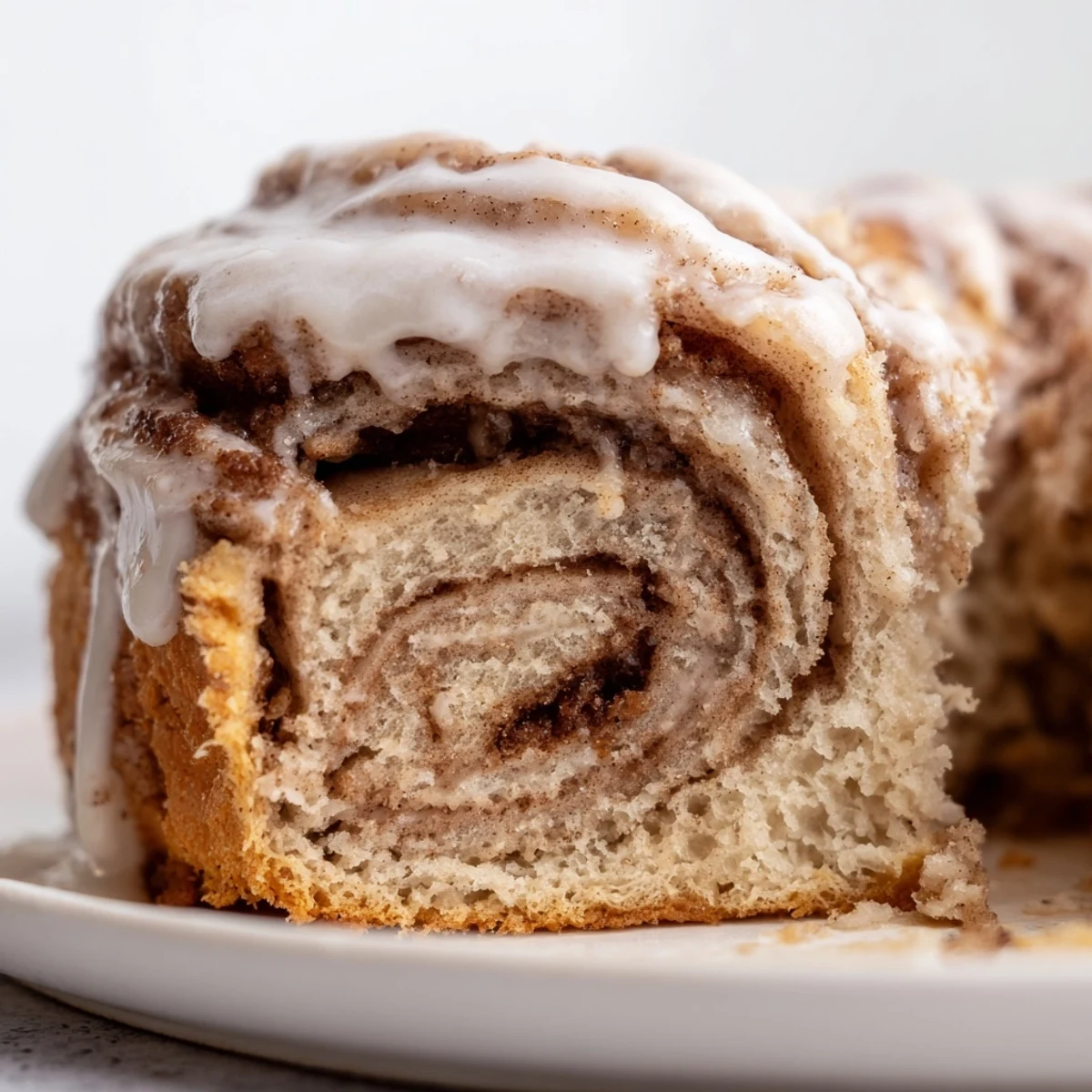 Soft breakfast cake featuring marbled cinnamon sugar ribbons beneath a silky white glaze