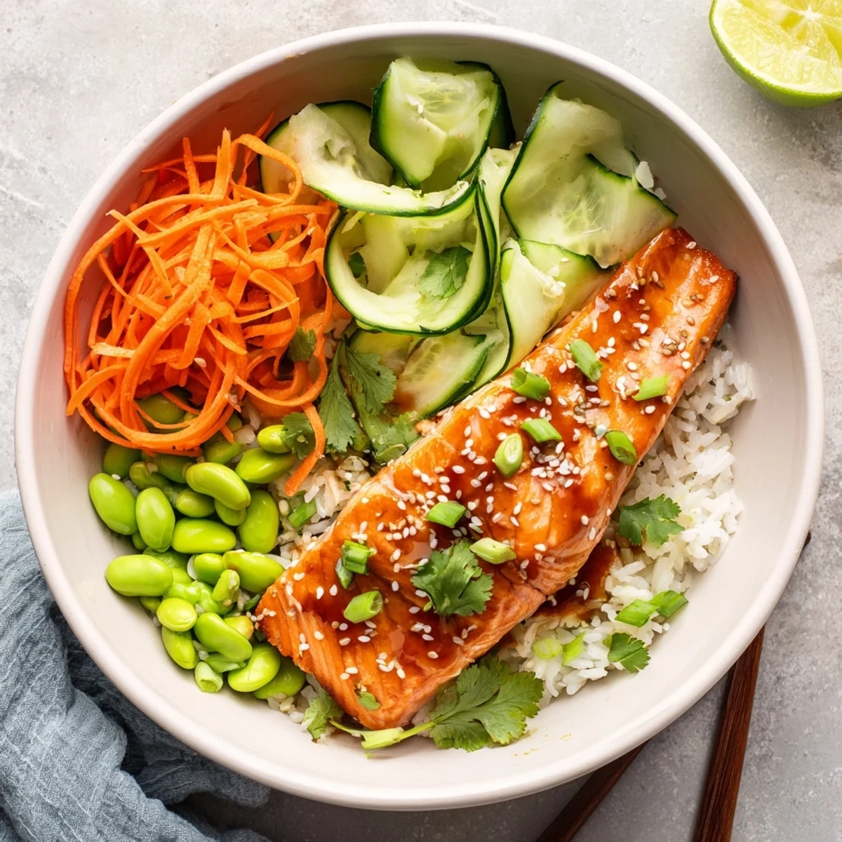 Tender honey glazed salmon fillet atop a nutritious bowl with avocado edamame and crisp cucumber slices