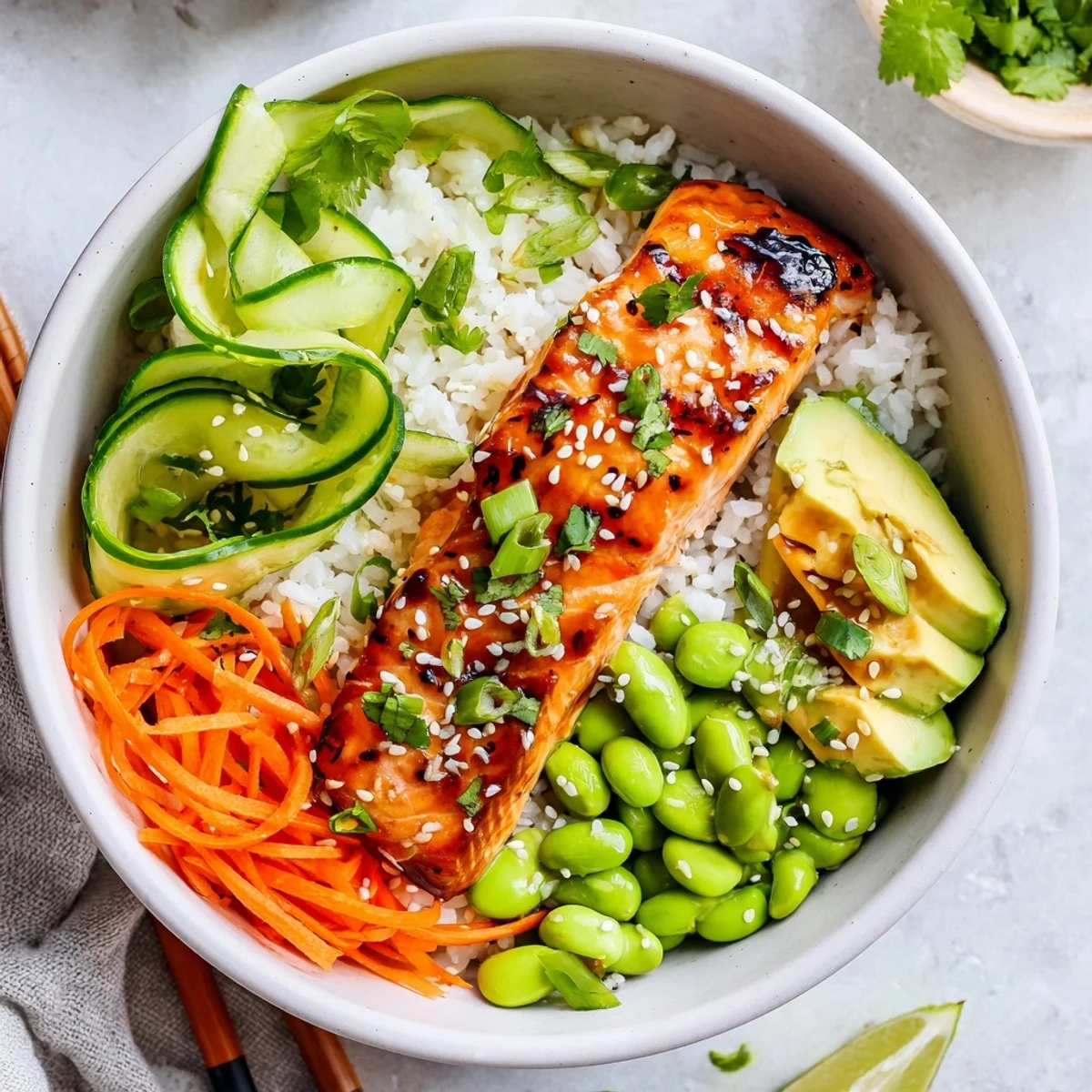 Golden honey glazed salmon bowl with fluffy rice and fresh colorful vegetables arranged in a serving dish