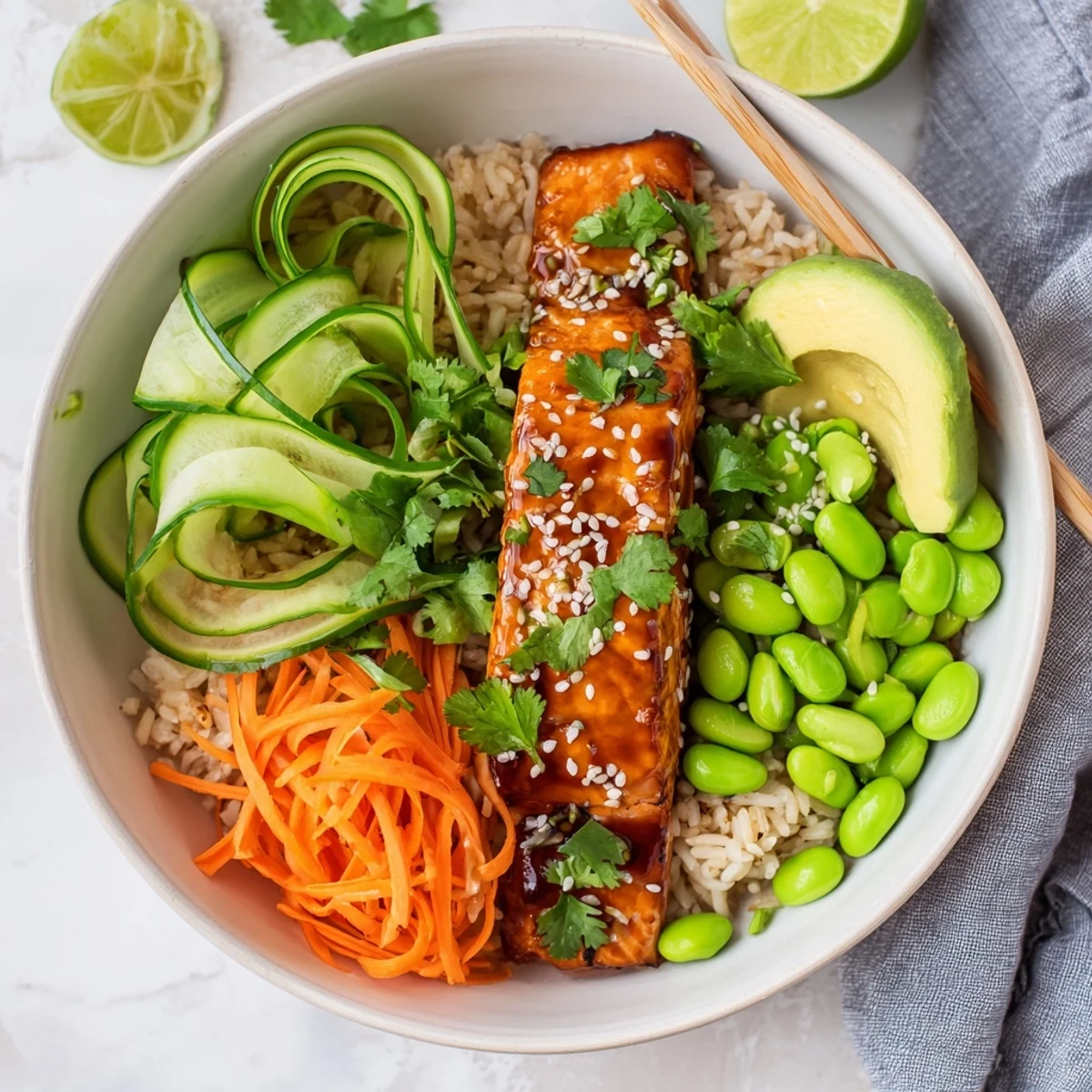 Healthy honey glazed salmon bowl featuring marinated fish rice and vibrant vegetable toppings garnished with sesame seeds