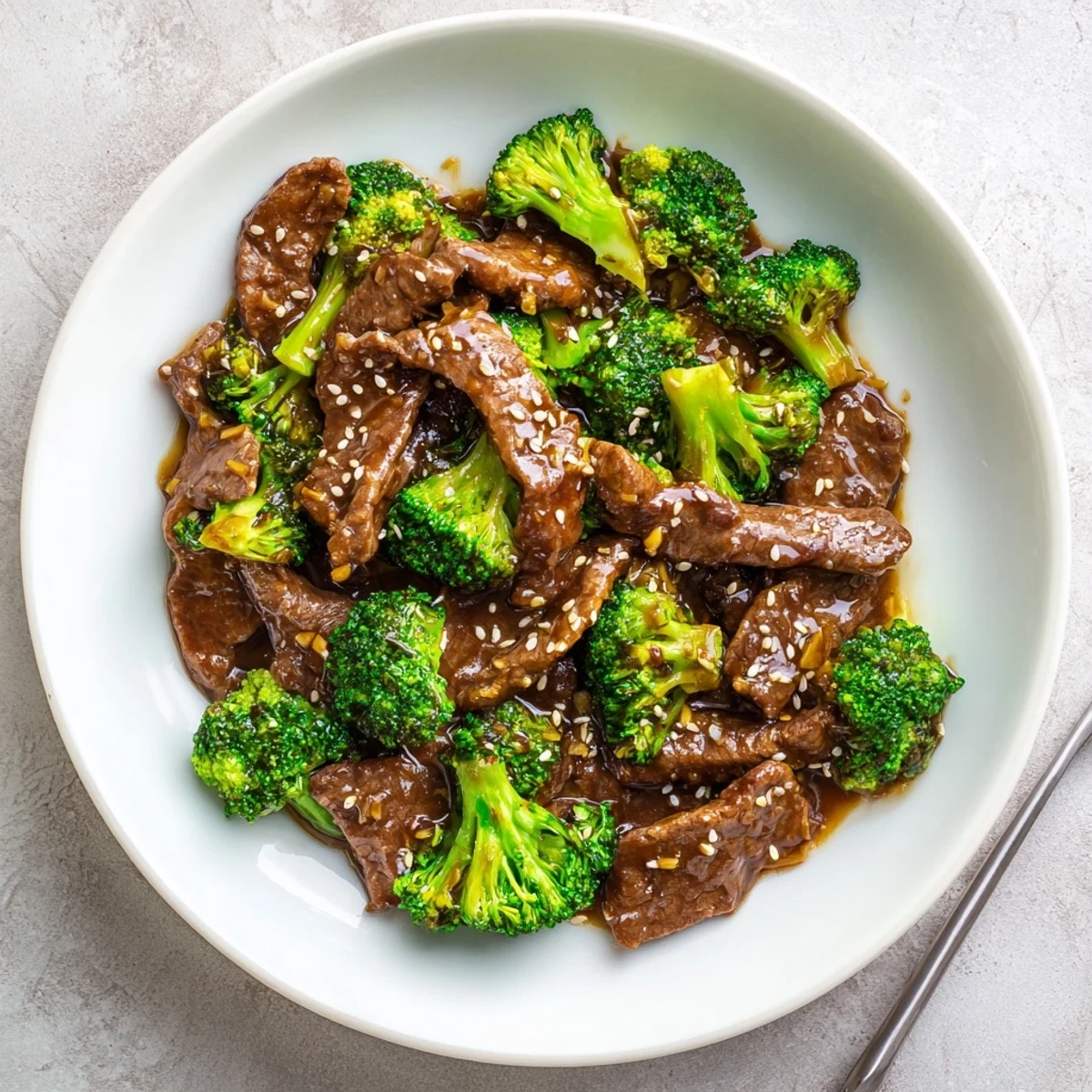 Dark savory sauce poured over sizzling beef strips and crisp broccoli in a hot wok for classic Asian stir fry