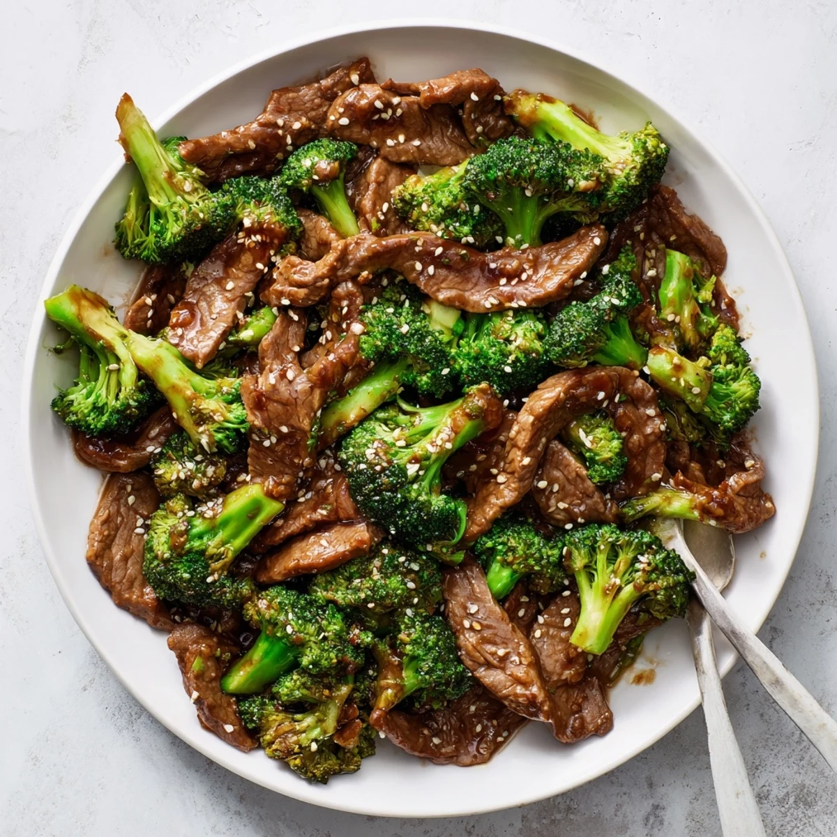 Glossy beef and broccoli stir fry sauce coating tender slices of beef and fresh green florets in a rich brown glaze