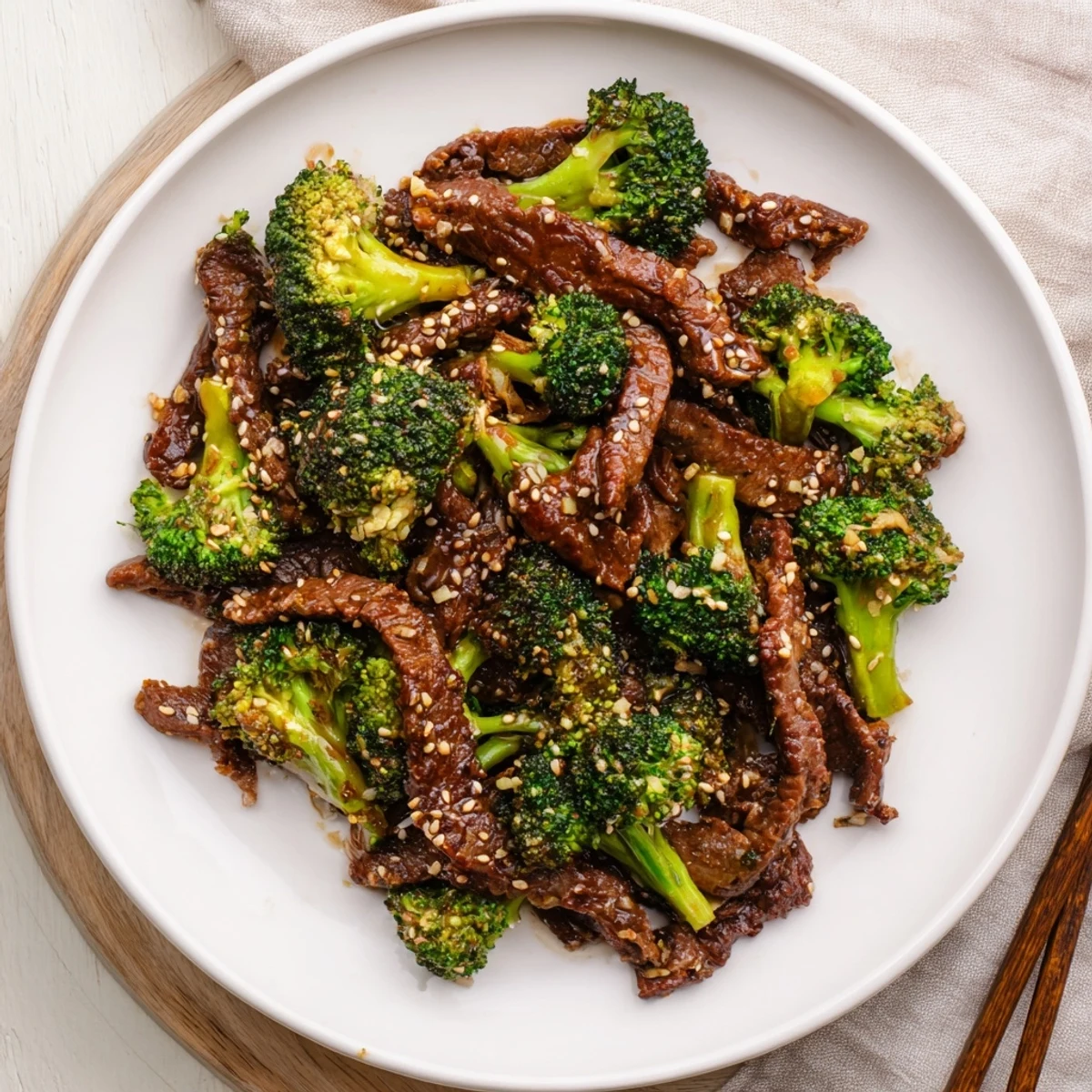 Thick umami beef and broccoli stir fry sauce drizzled over plated beef and vegetables with sesame seeds garnish on top