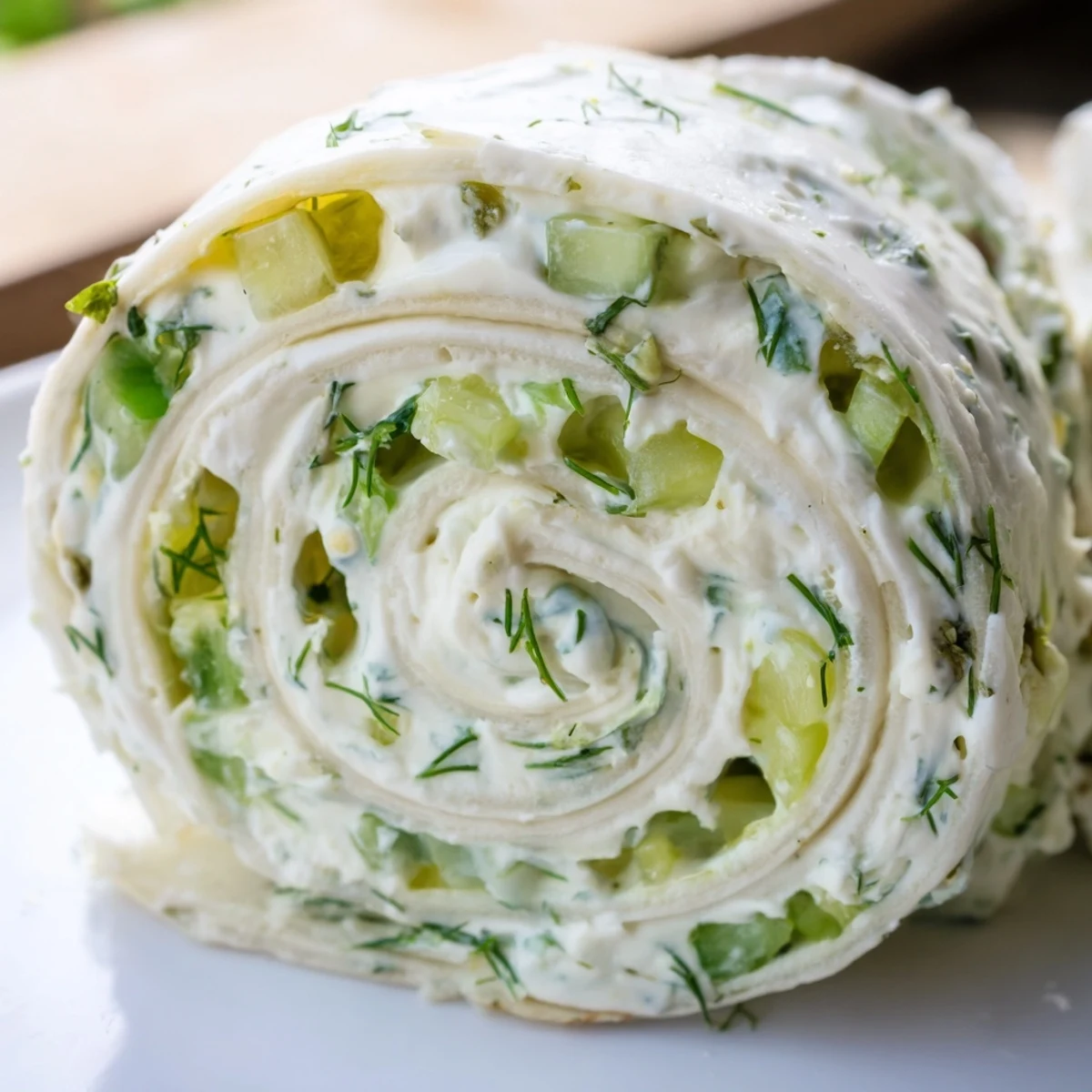 Tangy pickle and cream cheese pinwheel appetizers sliced into colorful spiral bites for parties