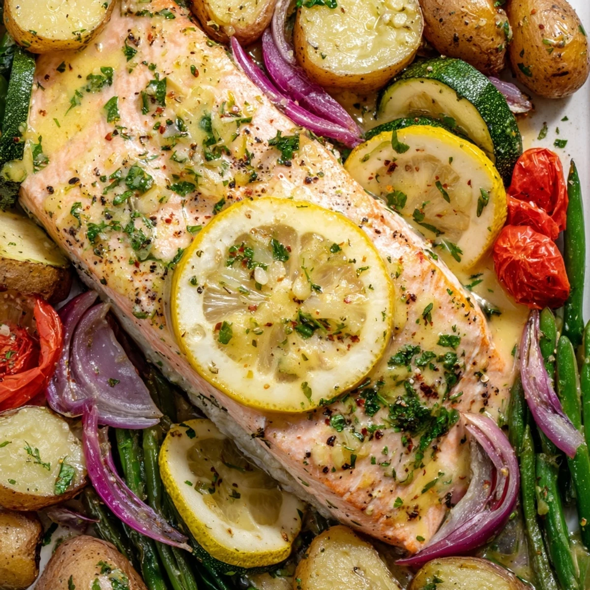 Golden baked salmon fillets with colorful vegetables glazed in lemon garlic butter sauce