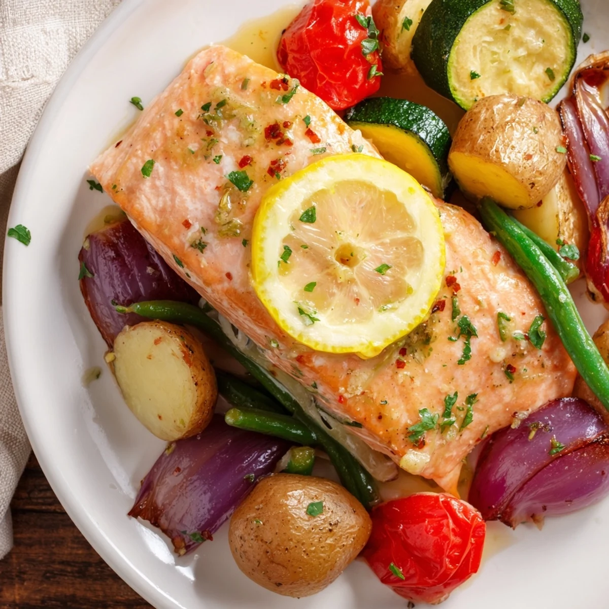 Tender sheet pan lemon garlic butter salmon surrounded by roasted baby potatoes and cherry tomatoes