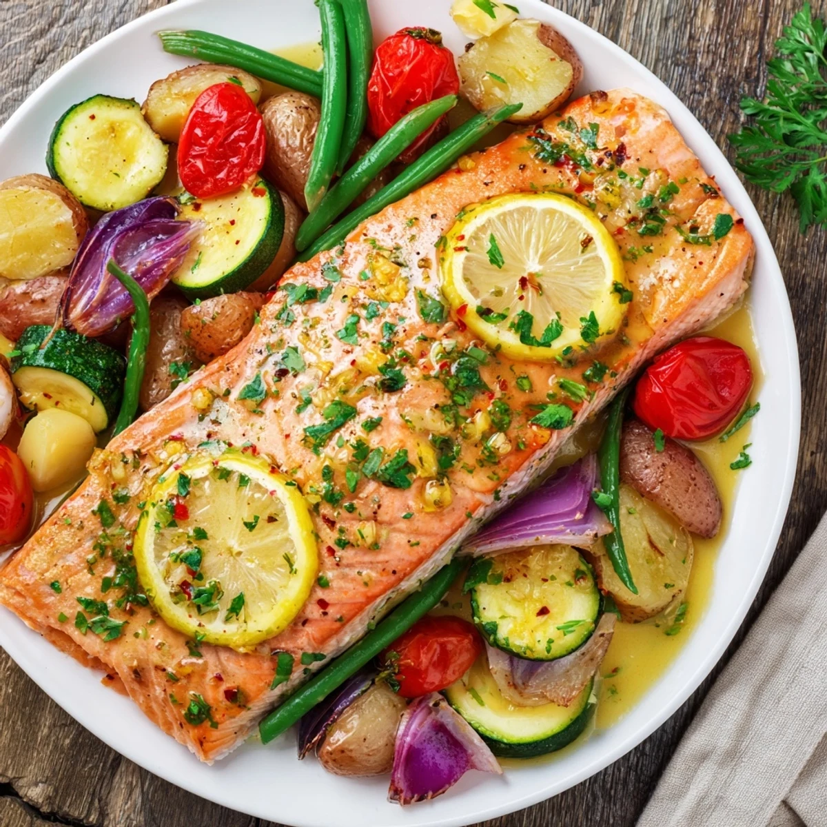 Easy one-pan salmon dinner with crisp vegetables and tangy lemon garlic butter glaze