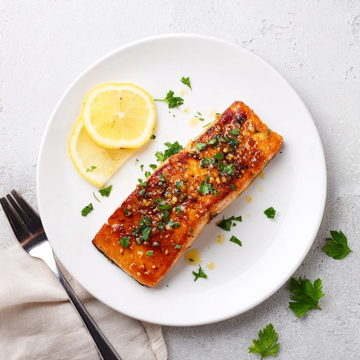 Beautiful honey garlic glazed salmon showcasing caramelized exterior and glossy coating on white dinner plate