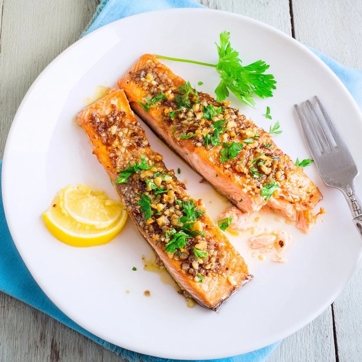 Crispy honey garlic glazed salmon drizzled with savory sweet sauce and served with lemon wedges